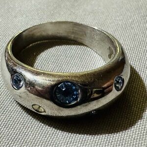 YSL Yves Saint Laurent Ring Size 5 Blue Rhinestones Aquamarine 925 Sterling Dome